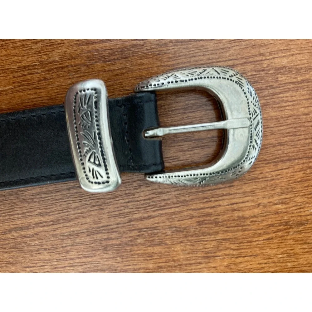 Vintage Black Leather Western Belt Silver Engraved Buckle Tip Made‎ in USA Small